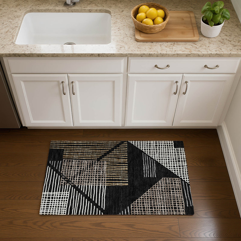 Premium Machine Washable Mayfield AMF2270 Striped Rug, 1'8" x 2'6", Black