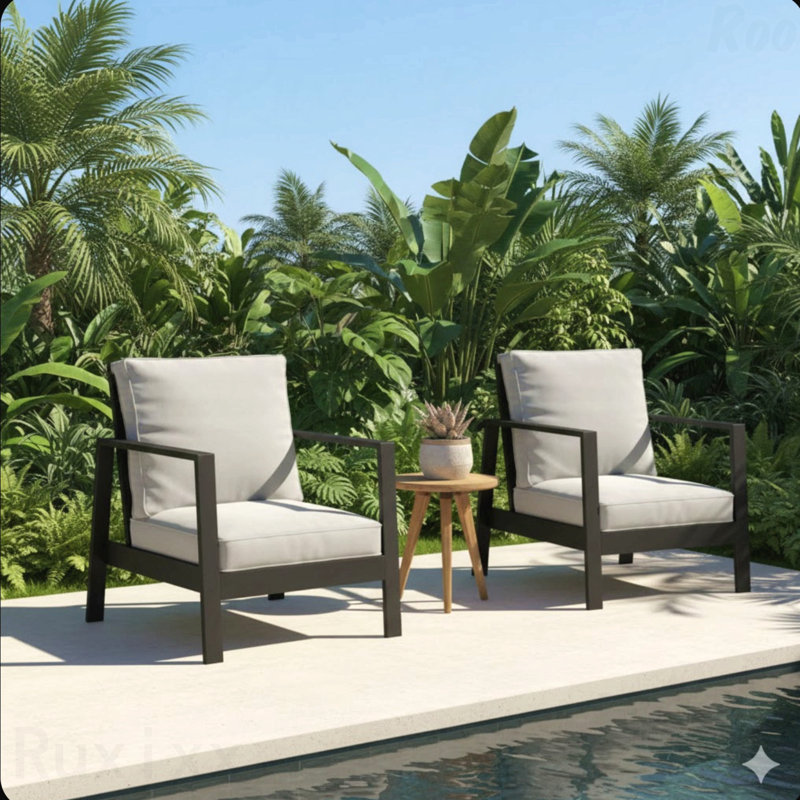 Ensemble de 2 fauteuils de patio en aluminium 28 po avec coussins épais gris clair et structure noire