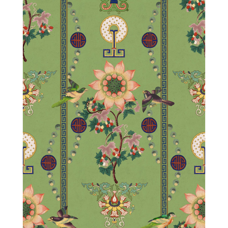 Chinese Garden Floral Wallpaper Roll, Red/Pink/Green