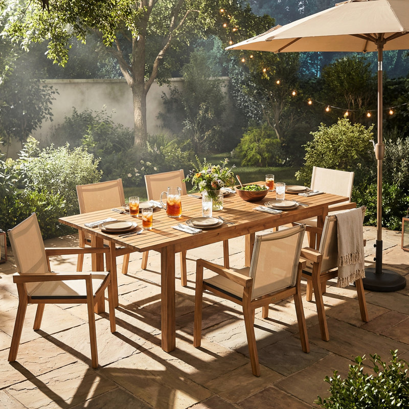 7 pièces de salle à manger en bois pour l'extérieur, 6 chaises en filet beige et 1 grande table, style moderne pour recevoir, bois facile à assembler, finition de table, sièges confortables 6, protégé