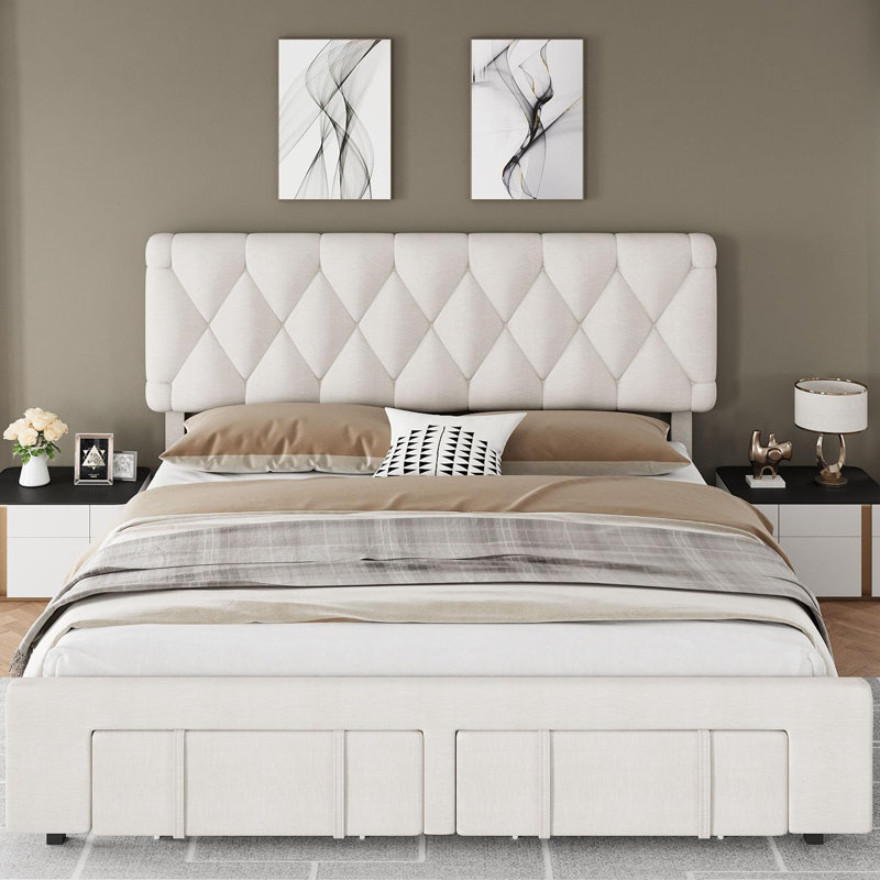Cadre de lit, cadre de lit plateforme en velours avec tiroirs de rangement, Gris, Grand lit