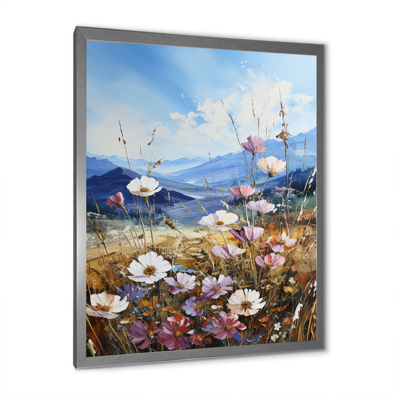 «White Wildflowers Mountain Charm I», reproduction sur toile, Cadre simple argenté, H 20 po x l 12 po x P 1 po
