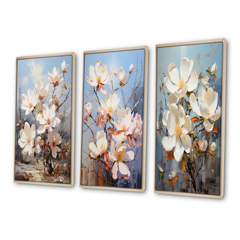 Perle de magnolia blanc dans un jardin ensoleillé - ensemble de 3 impressions sur toile magnolias, H 28 po x l 36 po
