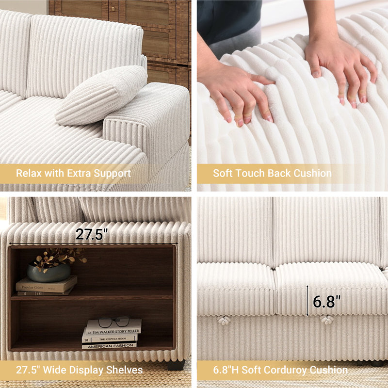 117" Convertible Sleeper Sofa Bed U-shaped Corduroy Sectional Pull-Out Couch With Storage Armrest & Storage Chaise & Corner