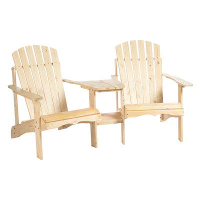 Chaise Adirondack Outsunny en bois pour deux personnes avec table basse intégrée et trou pour parasol, en sapin naturel, idéale pour terrasse, pelouse et jardin.