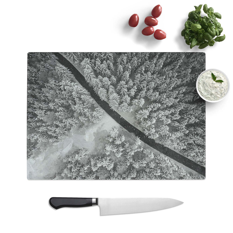 Tempered Glass Road Through the Winter Forest Chopping Board, 39 cm W x 28.5 cm L