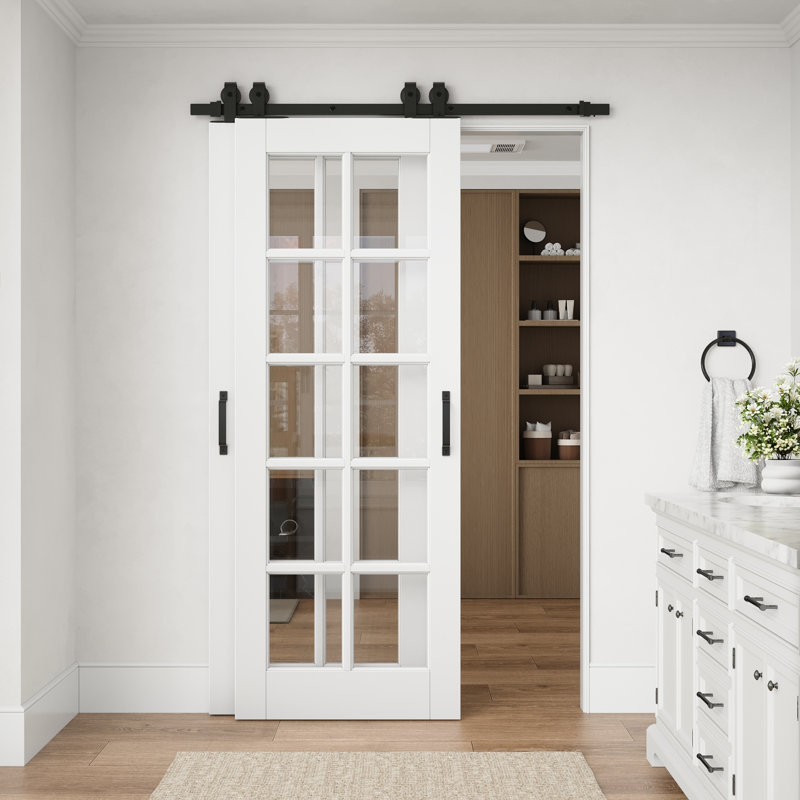 Porte standard préfinie en verre clair à 10 carreaux de 48 po x 80 po avec ensemble de quincaillerie pour porte coulissante de style grange pour garde-manger
