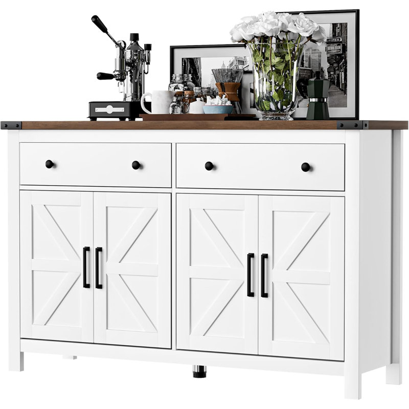 55" Sideboard Buffet Cabinet with Storage, Coffee Bar Cabinet with 2 Drawers and 4 Barn Doors, White/Brown