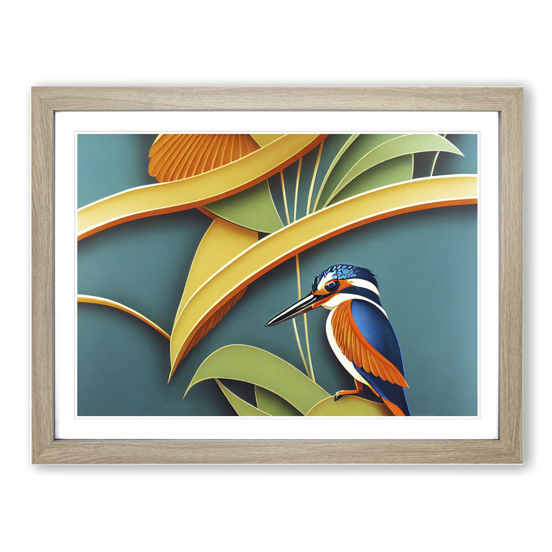 Kingfisher Deco Style - Framed Print, 25cm H x 34cm W x 2cm D, Oak