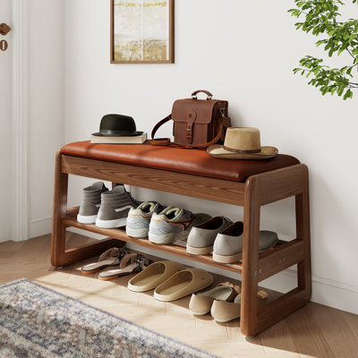 Addisin Adryell Entryway Bench with Leather Cushion, 2-Tier Entryway Bench with Flip-Top Storage Box, Small Entryway Bench for Hallway, Mudroom, or Bedroom