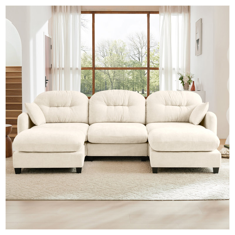 Canapé modulaire beige en chenille modulaire avec repose-pieds, canapé en U à 3 places avec coussins décoratifs pour espaces de vie