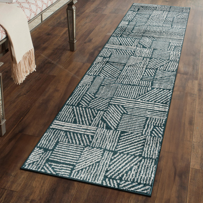 Rambo Geometric Black/Ivory Area Rug, Runner 2' x 7', Teal