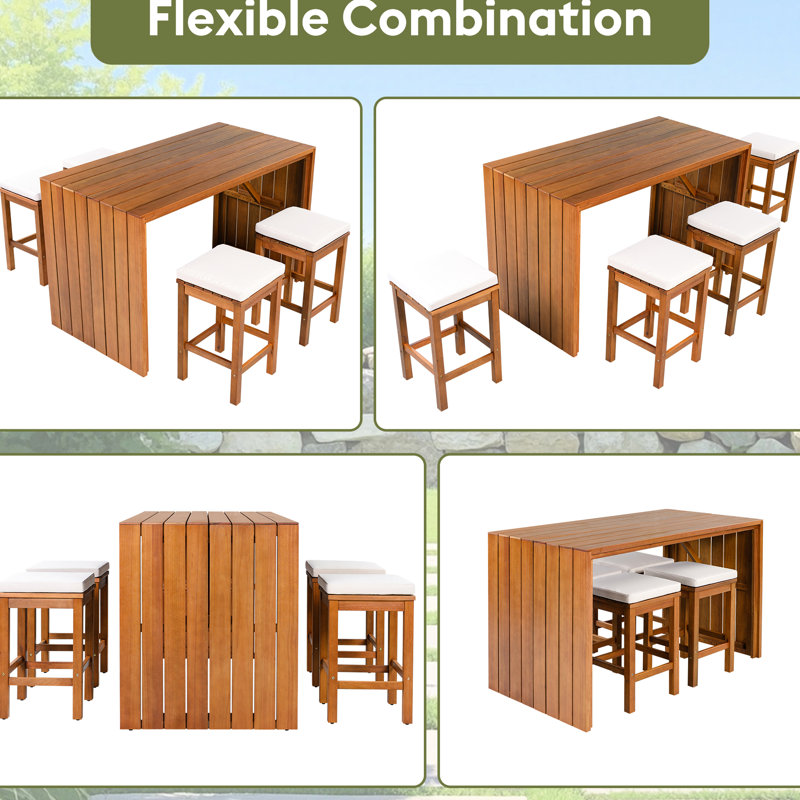 Bar de terrasse extérieur en bois naturel avec quatre tabourets beiges rembourrés, idéal pour se détendre au bord de la piscine. Cinq coussins amovibles pour recevoir.