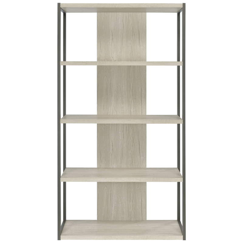 Bibliothèque à 4 tablettes de couleur grise délavée, cadre ouvert haut, fonctionnel et élégant pour l'organisation de la décoration d'une maison moderne