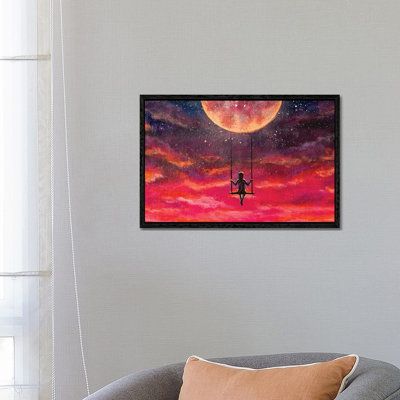 Girl Guy Rides on Swing in Sky Against Starry Sky 1 Piece Painting on Canvas