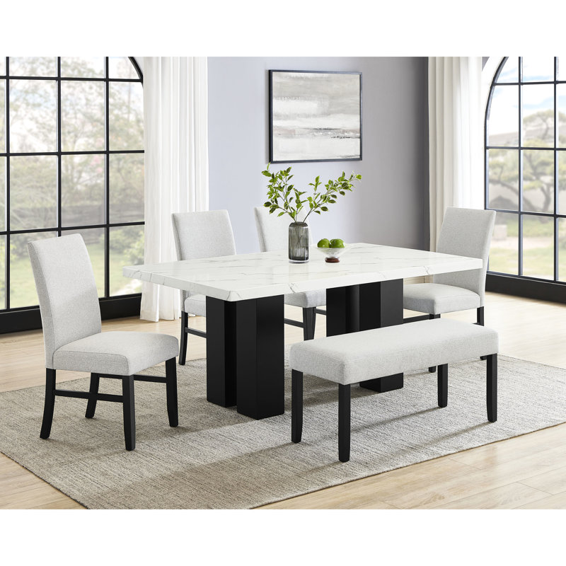 Dining Room Bench In Gray With Soft Neutral Tone, Dark Finish Legs, Seat, Contemporary Fabric, Style
