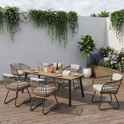 7-Piece Outdoor Wicker Dining Set with Rectangular Table and Cushioned Armchairs, Patio Dining Set for 6