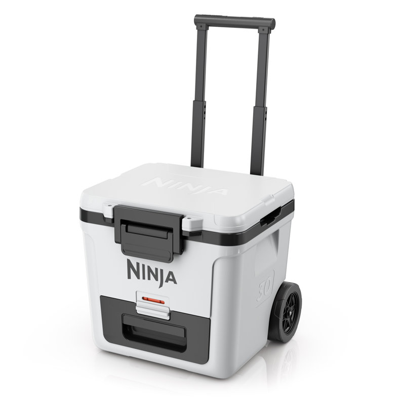 White 30-quart wheeled cooler with a telescoping handle and a front storage drawer.