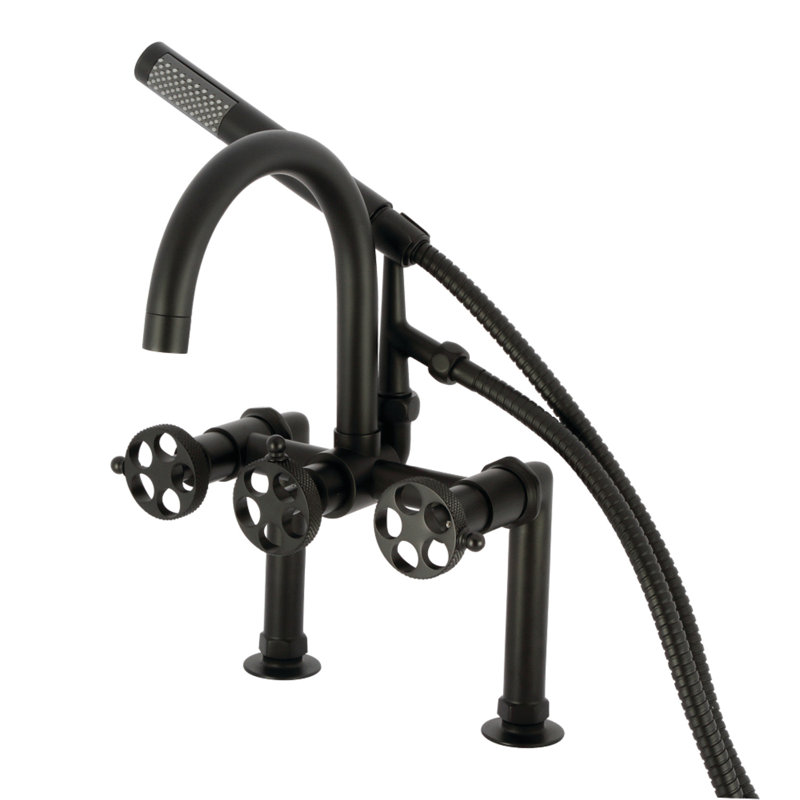 Robinet de baignoire à pattes à fixation sur le comptoir à trois poignées Webb avec douche à main, Noir mat