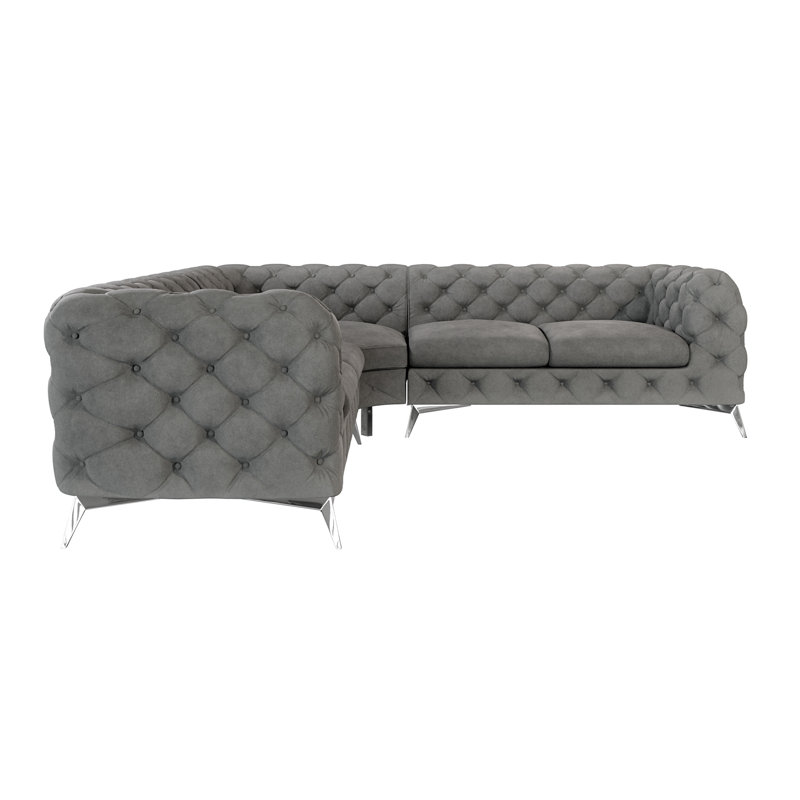 L-shape Corner Chesterfield Sofa  with Silver Metal Legs, Grey