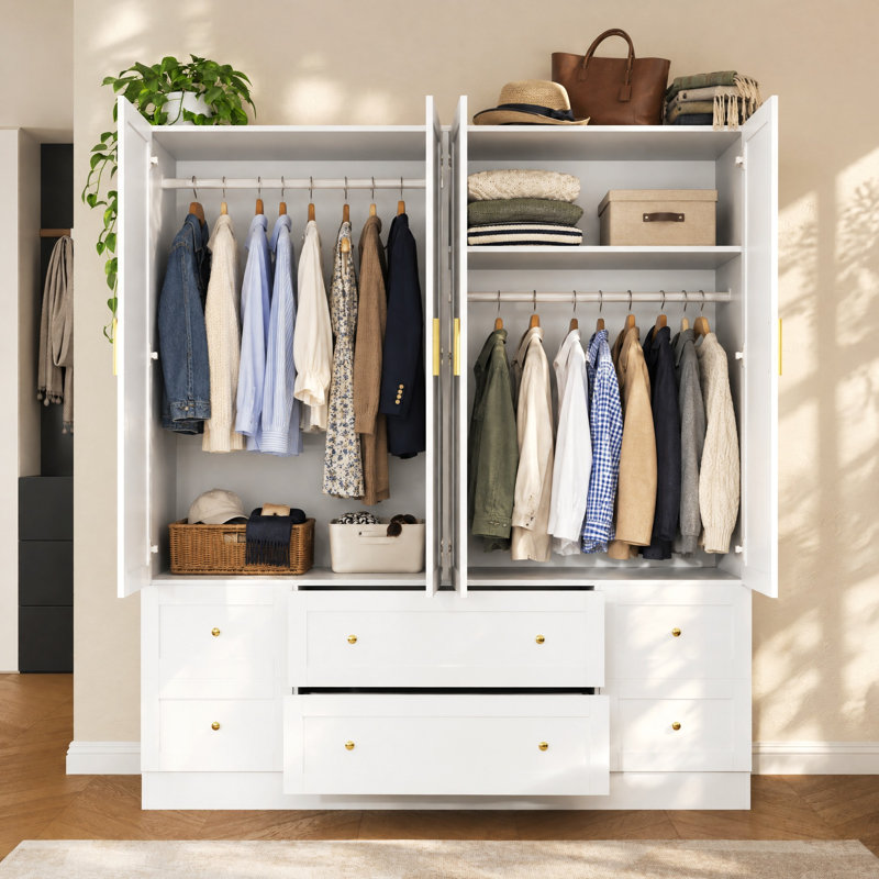 63" W Freestanding Wardrobe Armoire with 4 Doors, 4 Drawers, 2 Hanging Rods and Interior Shelves, White