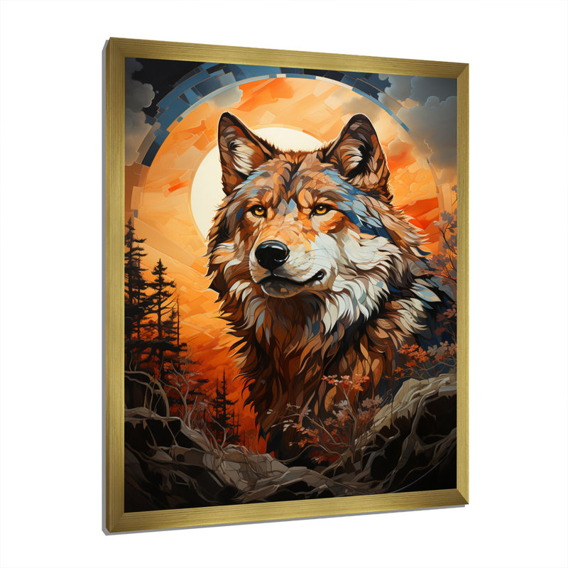 Loup amérindien brun avitto, H 20 po x l 12 po x P 1 po, Encadrement doré