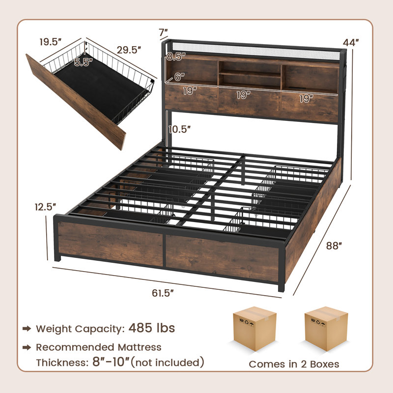 Queen Size Vintage Brown Bed Frame with Bookcase Headboard and Storage Drawers