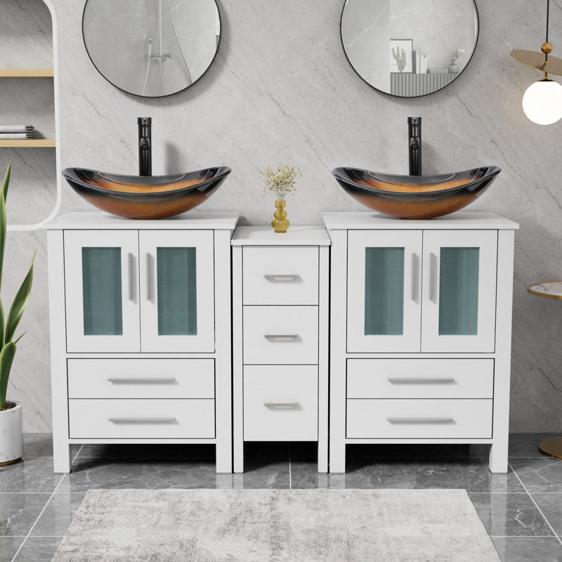 Sharee 60" Double Sink Bathroom Vanity With Vessel Sink, Manufactured Wood Top, Faucet And Drain, White, Brown