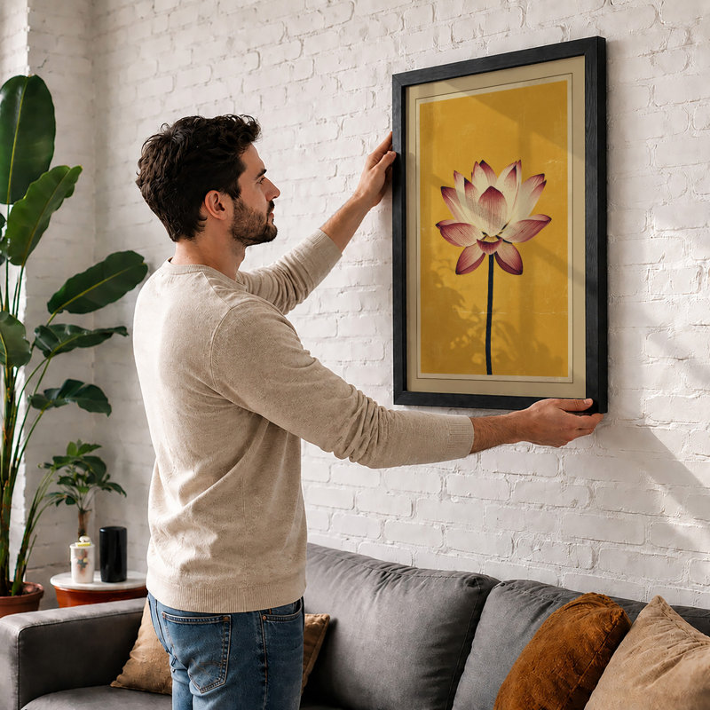 Serene Lotus Bloom Botanical - Framed Print, A1 - 84.1 x 59.4 cm, Oak