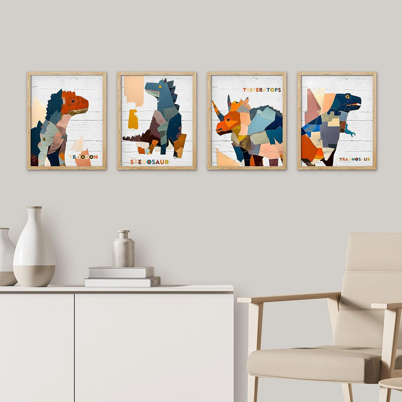 Petit garçon, chambre à coucher, dinosaure coloré, art contemporain encadré, 4 pièces, petit imprimé sur papier, Naturel
