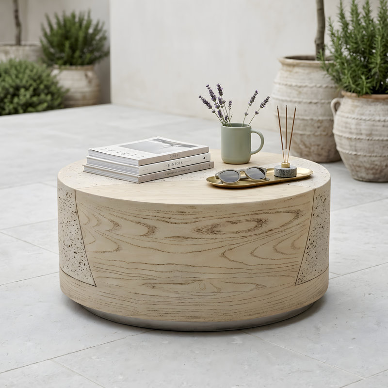 Table basse 28 po ronde / intérieure en pierre de travertin, Travertin chêne Sahara