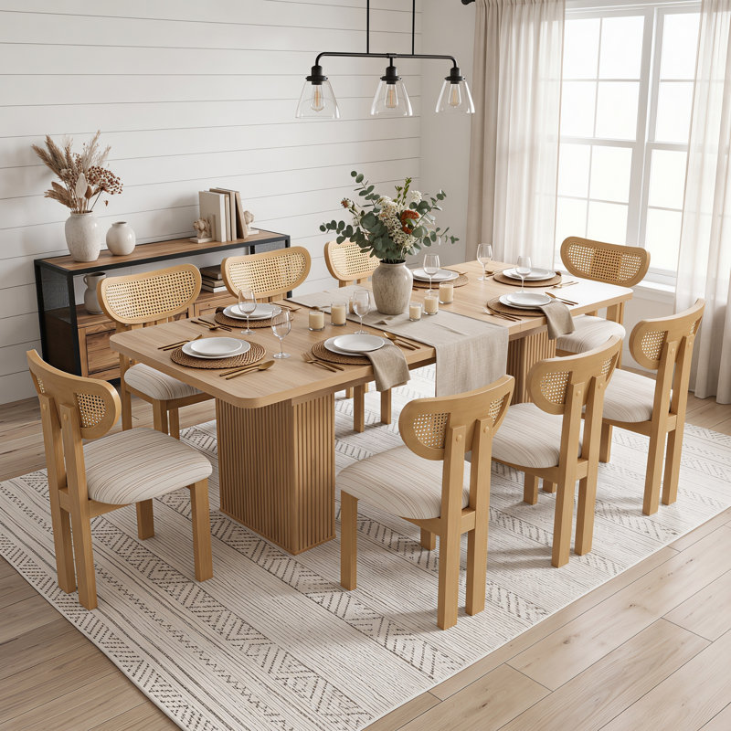 Patsy Dining Set, 9 Pieces: Table, 8 Chairs, Beige