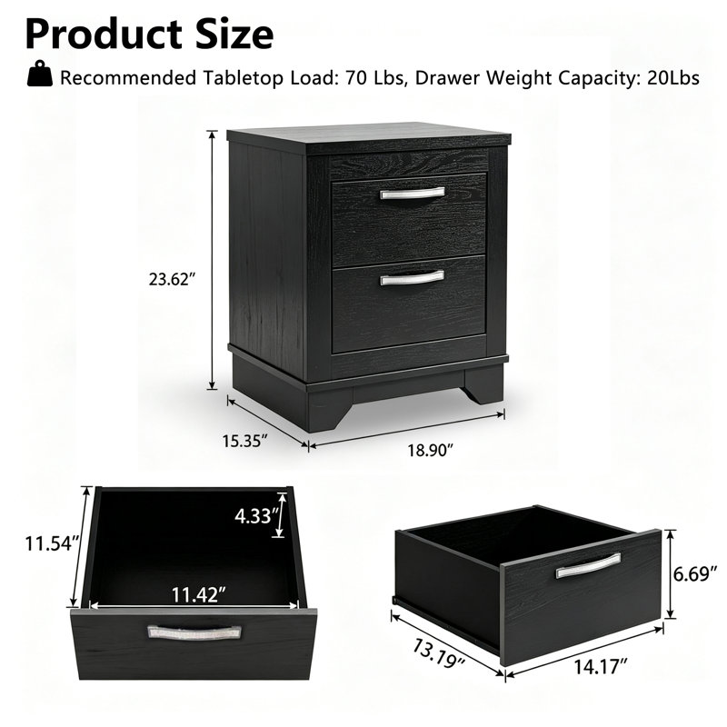 23.62" Modern Black Nightstand With 2-Drawer 