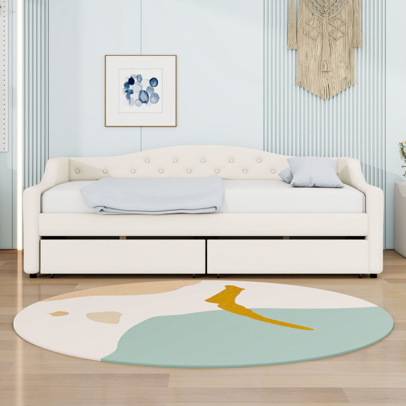 Twin XL 2 Drawers Upholstered Daybed with LED Belt, Beige