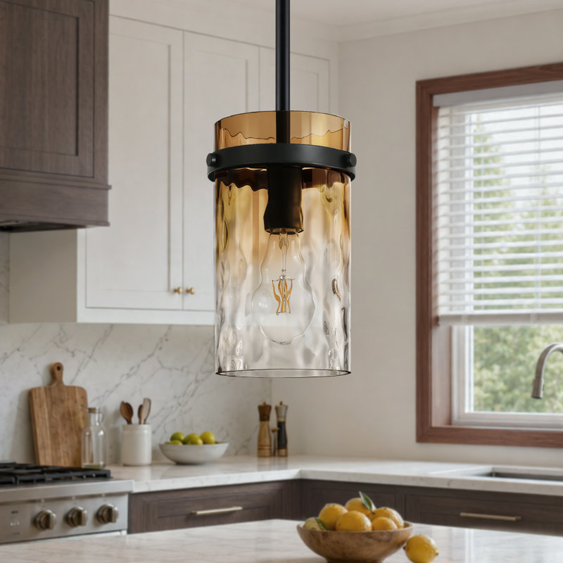 Luminaire suspendu pour îlot de cuisine 1 lumière Levona, verre d'eau ambré soufflé à la main, réglable en hauteur, Brown