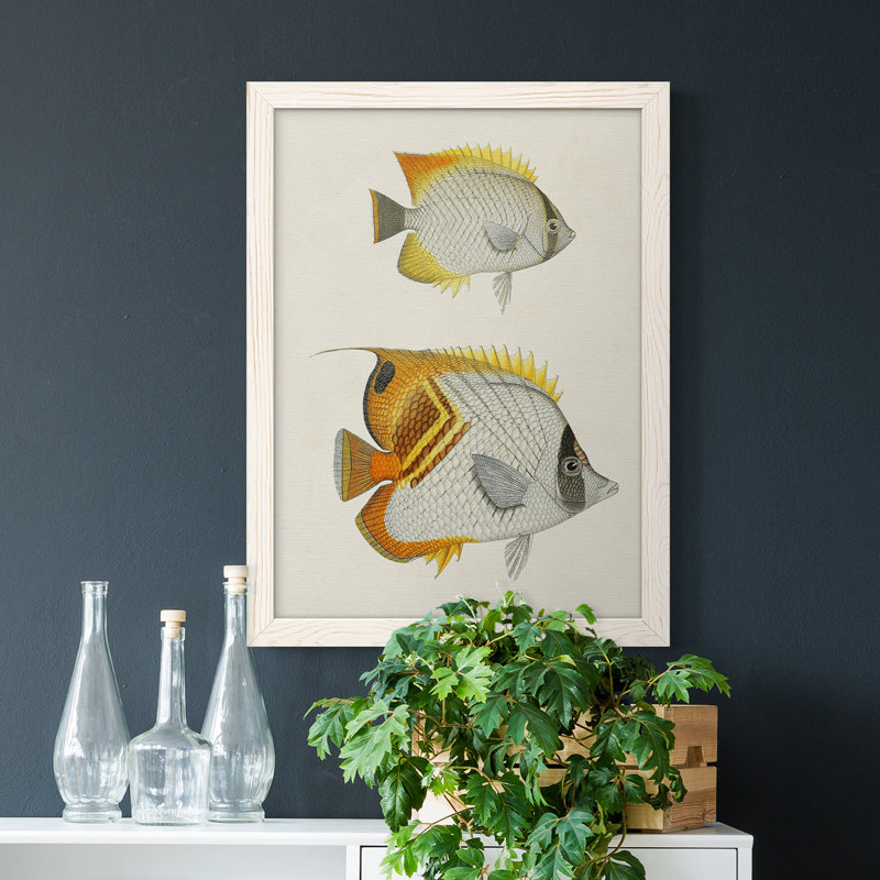 Jaune et gris poisson I, toile encadrée de qualité supérieure - prête à être accrochée, H 44 po x l 31 po x P 1 po, Blanc