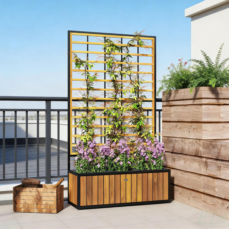 Wooden Raised Garden Bed With Trellis, Teak