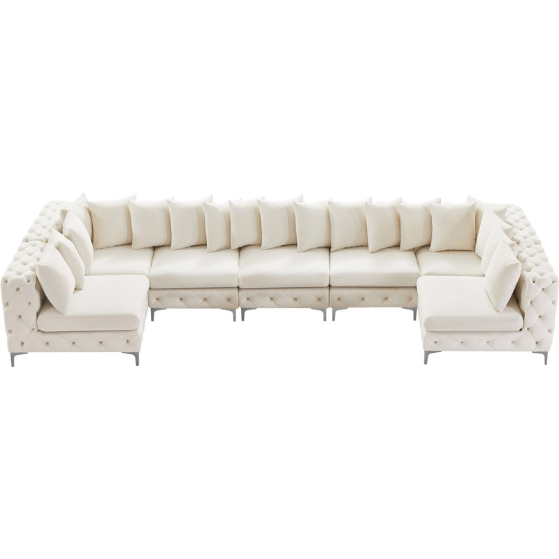 Canapé modulaire en velours réversible de 168 po de largeur, Velours crème, Réversible