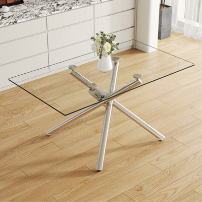 Modern Glass Metal Large Minimalist Rectangular With 0.39" Tempered Tabletop And Silver Chrome Legs For Kitchen Dining Living Meeting Room Banquet Hall Dining Table