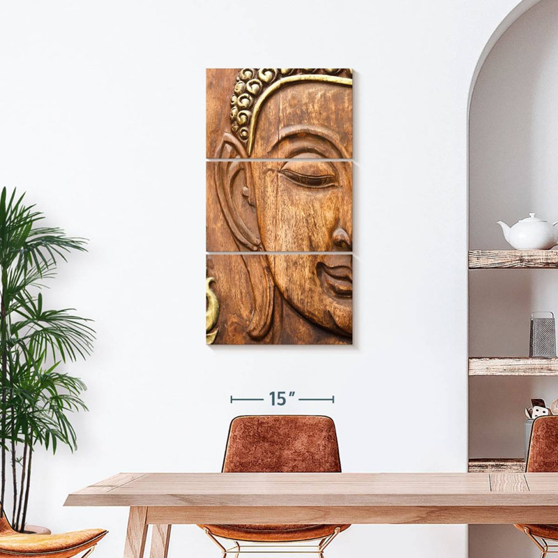 Bouddha en bois sculpté 3 pièces, H 44 po x l 21 po x P 1,25 po