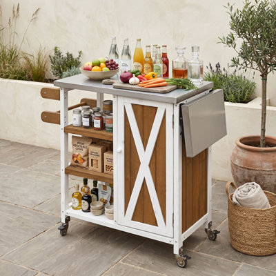 Outdoor Kitchen Island with Stainless Steel Worktop, Fir Wood Storage Cabinet and Double Towel Rack