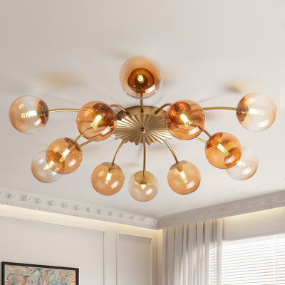 Plafonnier semi-encastré Sputnik doré à 12 lumières de 40 pouces avec globes en verre ambré