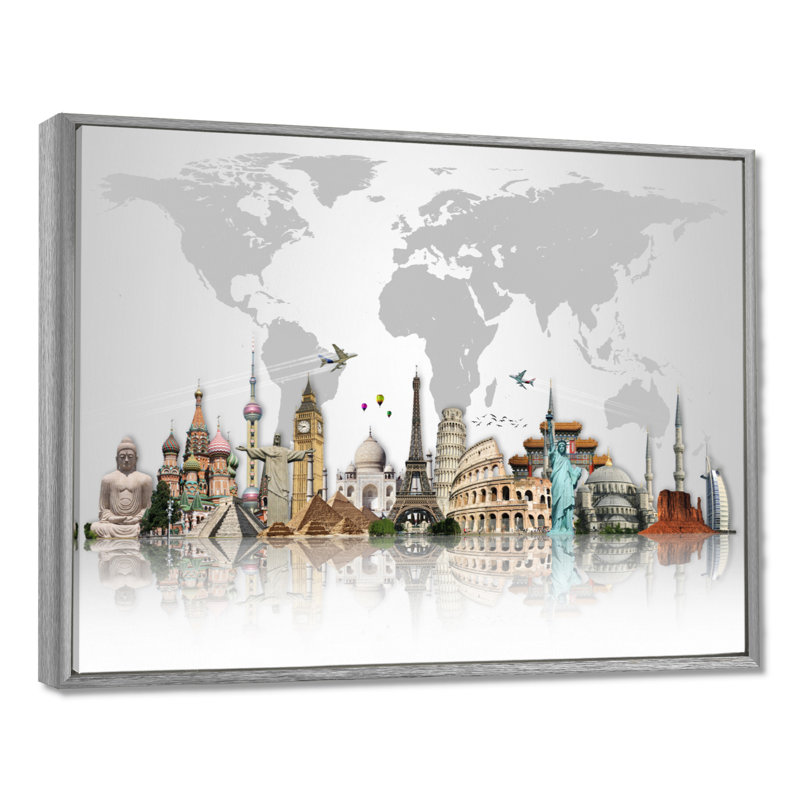 « Famous Monuments Across World », reproduction d'art graphique, Reproduction avec cadre flottant, H 30 po x l 40 po, Argent