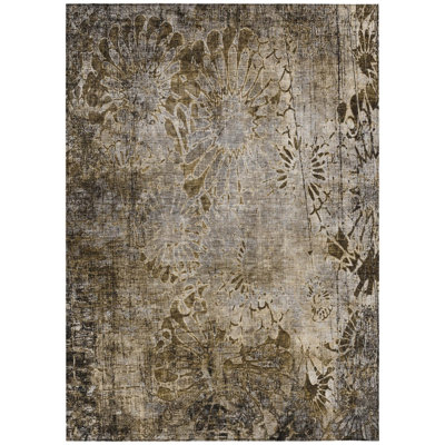 Tapis d'intérieur lavable à motif floral brun et beige 3 pi x 5 pi
