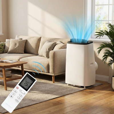 Climatiseur portatif 14 000 BTU, unité de climatisation 3-en-1 avec refroidissement, ventilateur et déshumidificateur, pour les pièces jusqu'à 750 pieds carrés, comprend la télécommande, le mode veille, la balançoire automatique et la minuterie 24H, blanc et gris foncé