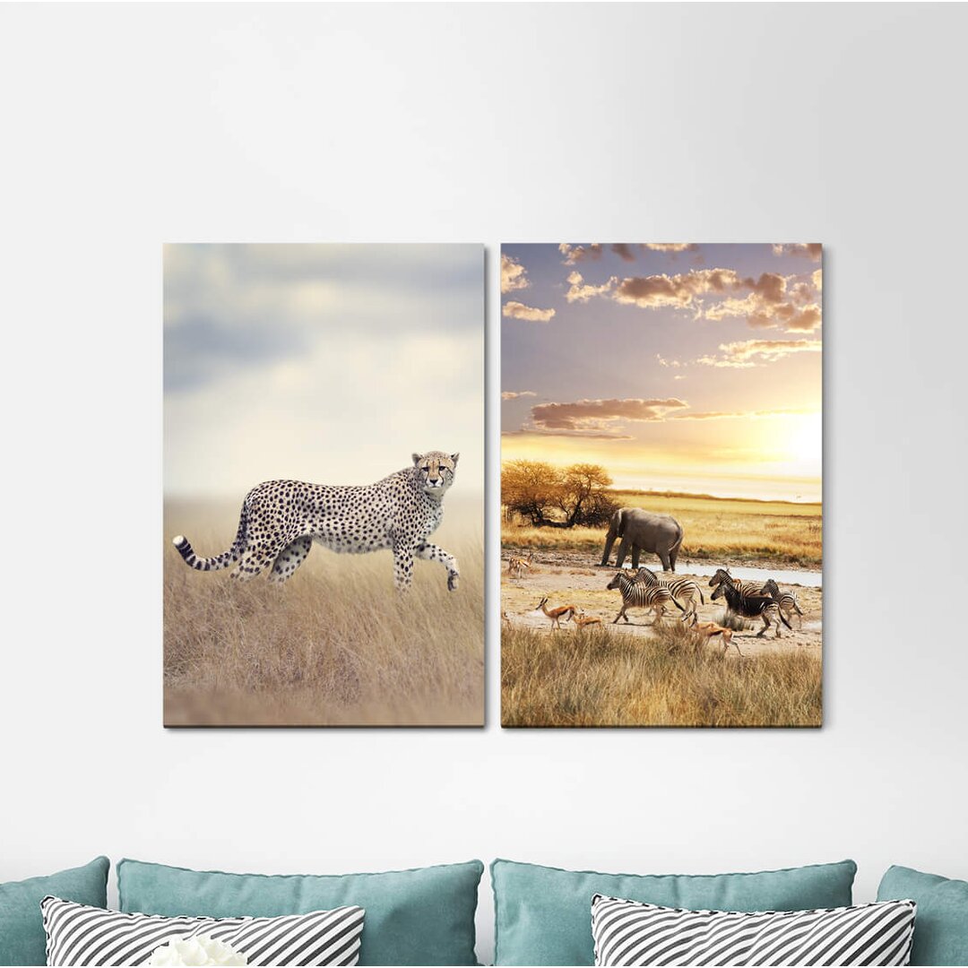 2-tlg. Leinwandbilder-Set - Grafikdruck „Cheetah Africa Elephant Zebra Animals Safari Wilderness”