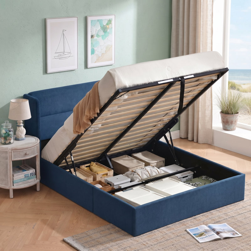 Structure de lit tapissier Annek avec rangement relevable, tête de lit à oreilles de H 40,9 po, lattes de bois et structure en métal, plusieurs tailles et options de tissu disponibles