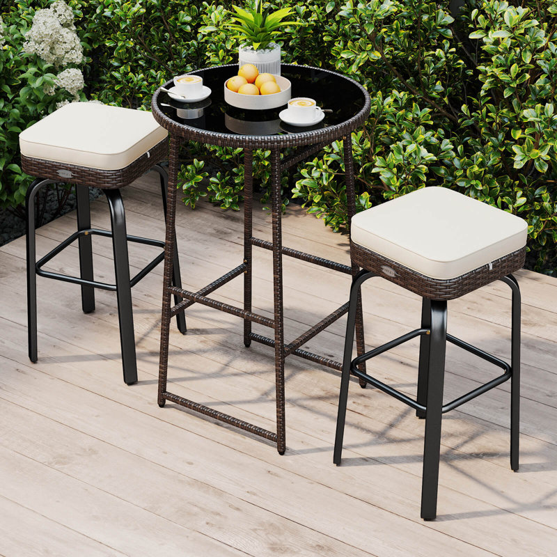 Ensemble de bar pivotant extérieur 3 pièces avec 2 chaises, plateau en verre trempé, coussins moelleux