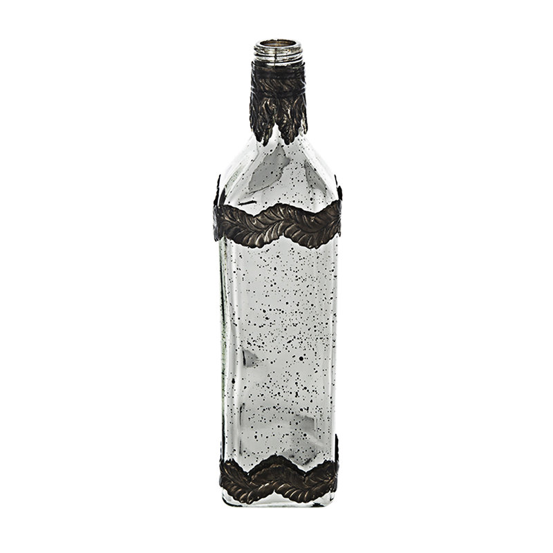 Silver Decorative Glass Bottle Vase With Bronze Leaf Accents