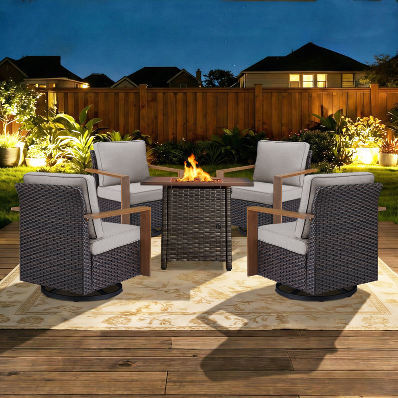 5-Piece Outdoor Modern Patio Swivel Chair Conversation Set With Fire Pit Table, Beige, Brown